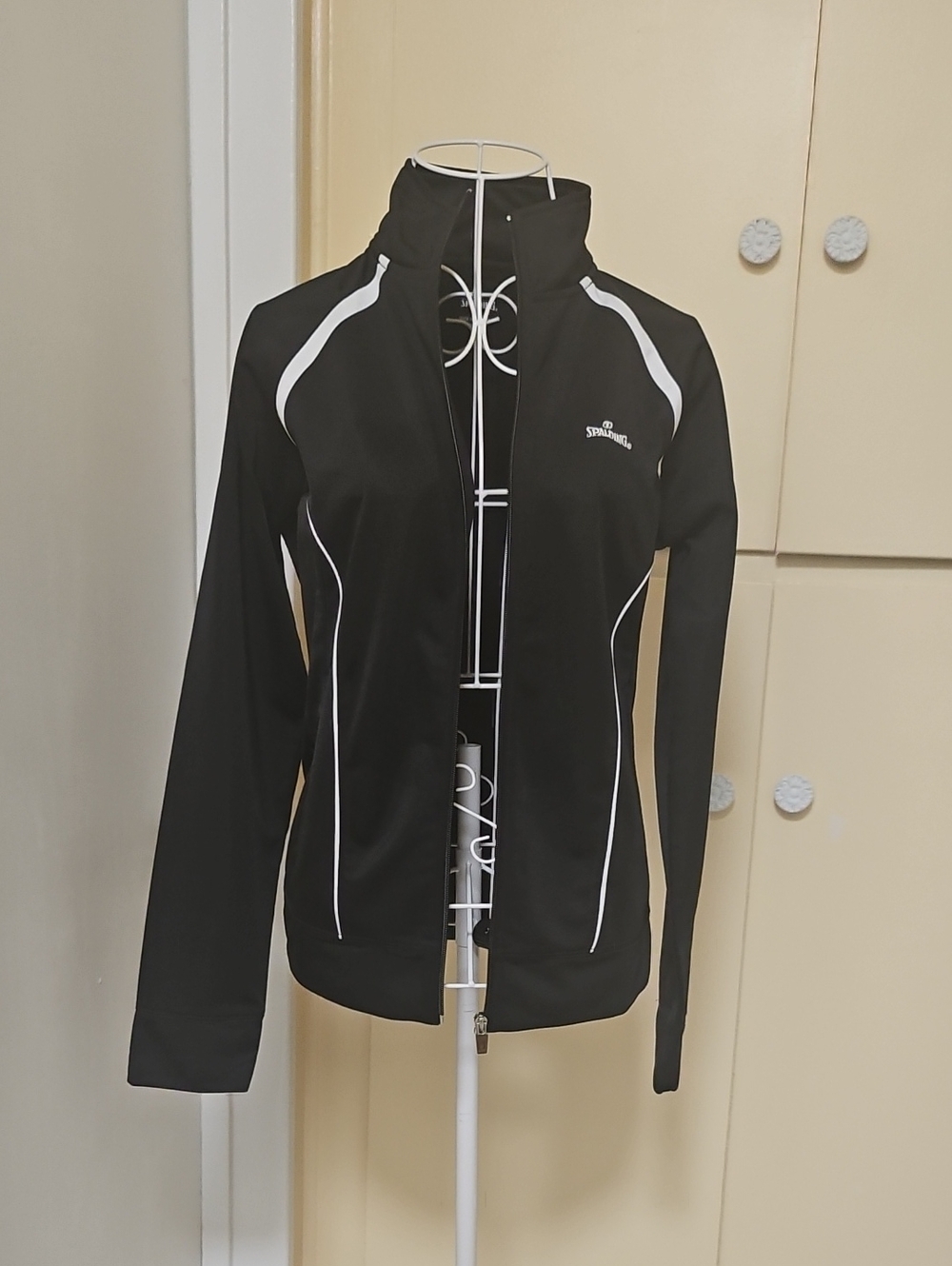 Spalding Sz Sm. Black Women's Athletic Zip-Up Jacket with White Trim